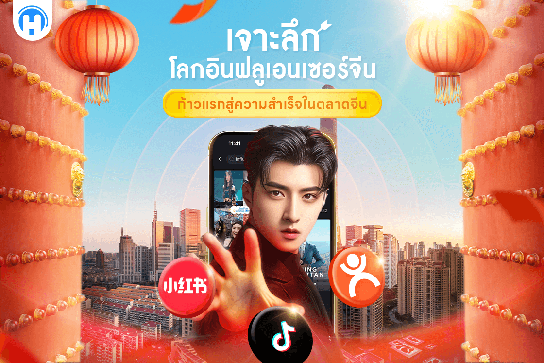 ภาพประกอบบทความเกี่ยวกับอินฟลูเอนเซอร์จีน พร้อมภาพชายหนุ่มอินฟลูเอนเซอร์ถือสมาร์ทโฟน แสดงแอปยอดนิยม เช่น Xiaohongshu, TikTok และ Kuaishou พร้อมพื้นหลังตึกสูงและโคมแดงแบบจีน
