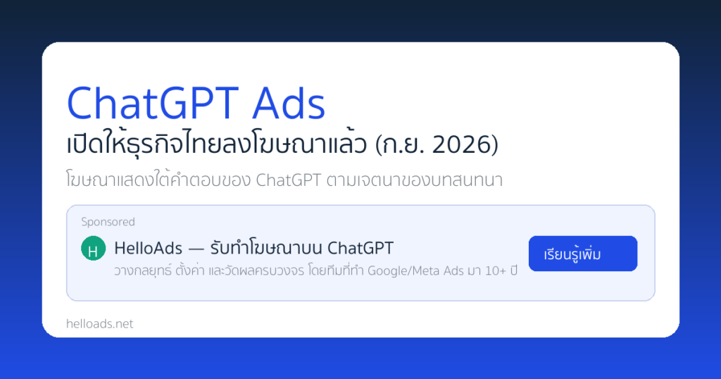 ChatGPT Ads เปิดให้ธุรกิจไทยลงโฆษณาแล้ว กันยายน 2026 — ภาพจำลองการ์ดโฆษณา Sponsored ใต้คำตอบ ChatGPT